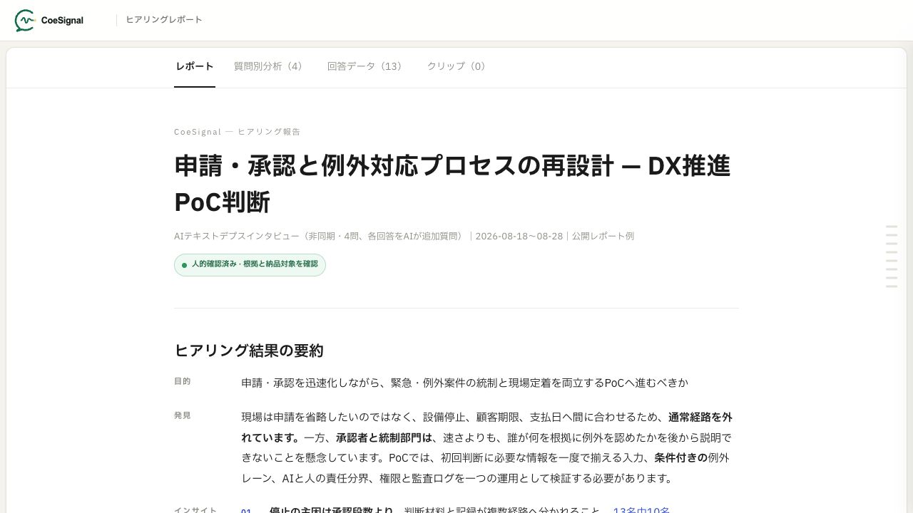 CoeSignalのDX推進向け公開レポート。申請・承認と例外対応のPoC判断、人的確認済みの表示、調査目的と発見を一画面に示している